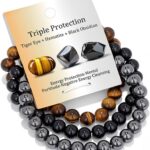 Healing Crystal Bracelets for Women Men 8mm Tiger Eye Hematite Black Obsidian Natural Stone Beaded Stretch Bracelet Triple Protection Handmade Gemstone Reiki Spiritual Jewelry Gifts