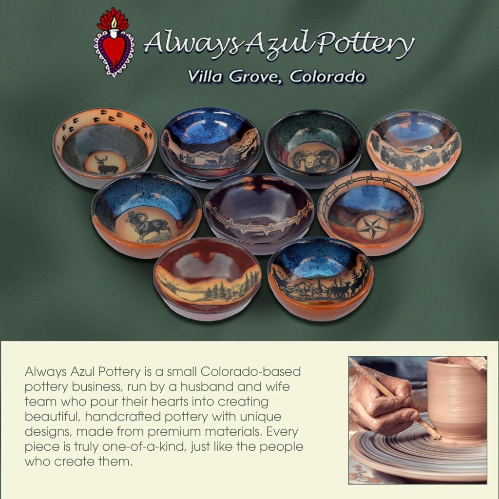 ALWAYS AZUL POTTERY 8 Inch Small Serving Bowl in Fishing Bear design and Seamist Glaze – Handmade Ceramic Pottery Bowl – Handcrafted Polished Stoneware – Unique & Stylish Glazed Bowl