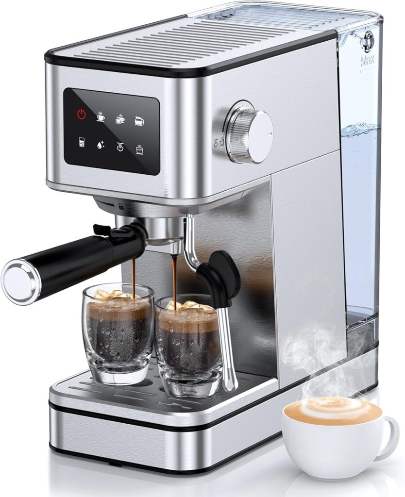 Espresso Machine with Milk Frother, 20 Bar Compact Coffee Machine with Touch Screen & 57.5oz Removable Water Tank for Home, Stainless Steel Espresso Maker for Cappuccino, Latte, Silver