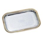 Vollrath Odyssey Serving Tray, rectangular, chrome plated, with decorative engraving on base of tray & decorative brass plated gold-tone rim, 19-2/3″ x 14″, imported (not dishwasher safe), 47266
