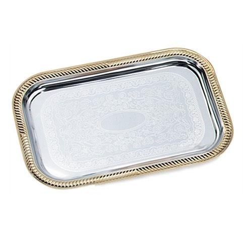 Vollrath Odyssey Serving Tray, rectangular, chrome plated, with decorative engraving on base of tray & decorative brass plated gold-tone rim, 19-2/3″ x 14″, imported (not dishwasher safe), 47266