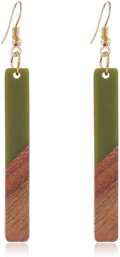 Retro Wooden Resin Geometric Bar Drop Dangle Earrings Two Tone Handmade Natural Wood for Women Lightweight Bohemian Statement Jewelry