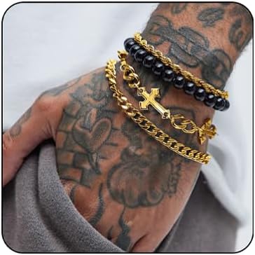 4 PCS Stainless Steel Cross Bracelets for Men Women Stainless Steel Cuban Link Bracelet Handmade Bead Link Punk Style Stackable Layered Cross Chain Bracelet Set Adjustable Punk Jewelry for Men