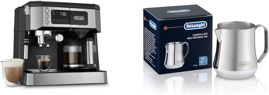 De’Longhi All-in-One Combination Coffee Maker & Espresso Machine + Advanced Adjustable Milk Frother & Stainless Steel Milk Frothing Pitcher, 12 ounce (350 ml), Barista Tool, Frother Jug, 12 oz
