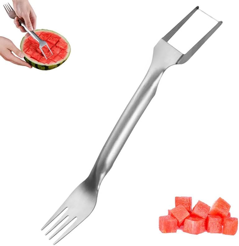 Kruggo 2-in-1 Stainless Steel Fruit Cutter, 2024 New Watermelon Fork Slicer Cutter Slicer Tool, Dual Head Fruit Forks Slicer Knife for Home Kitchen Gadget (1 Pcs)