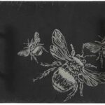 Handcrafted Slate Rectangle Serving Tray, Gold Handles, Laser Etched Bee Trio Design, Medium