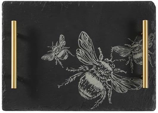 Handcrafted Slate Rectangle Serving Tray, Gold Handles, Laser Etched Bee Trio Design, Medium