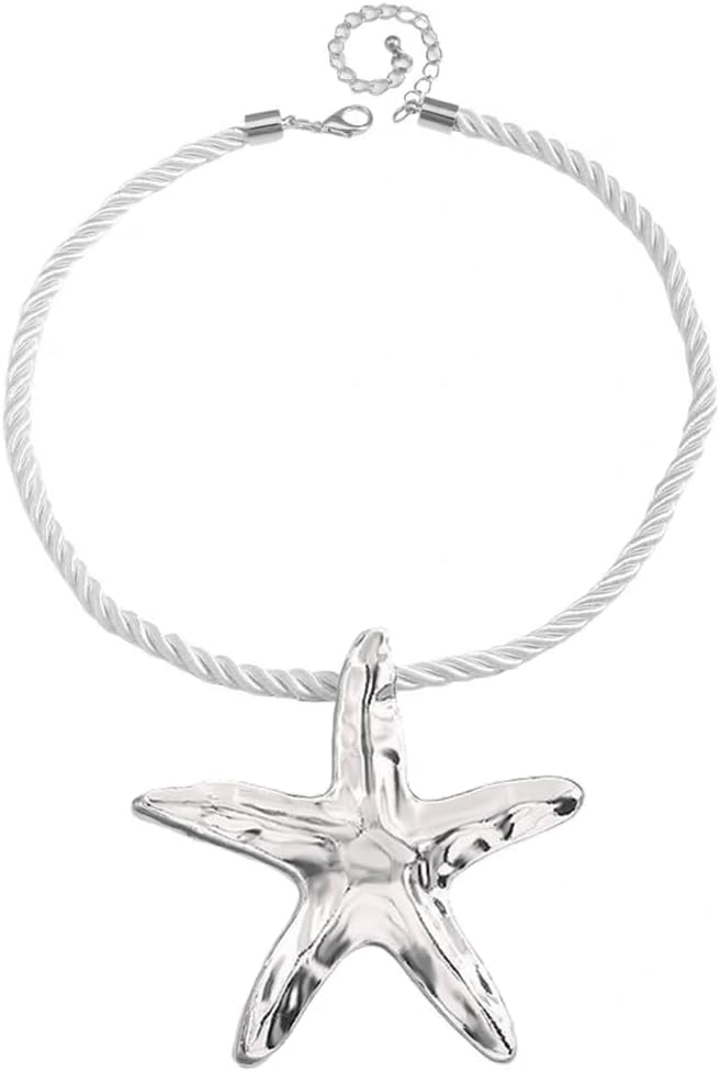Dtja Large Starfish Pendant Necklace for Women Girls Handmade Hammered Star Shaped Ocean Sea Marine Life Rope Chain Adjustable Necklaces Fashion Chic Beach Holiday Party Jewelry 20″