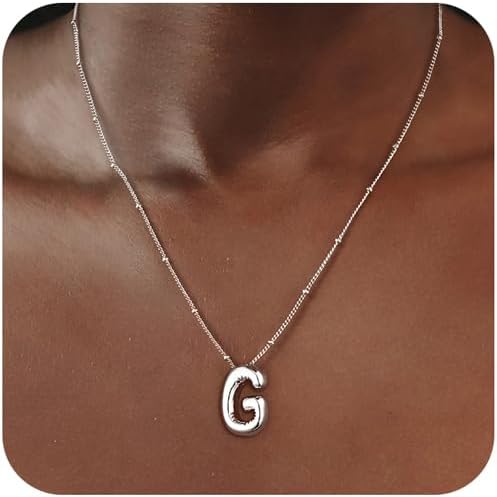 Silver Letter Necklace for Women, Sterling Silver Balloon Initial A-Z Pendant Necklace Trendy Dainty Satellite Bead Chain Necklace Personalized Custom Jewelry Gifts for Women