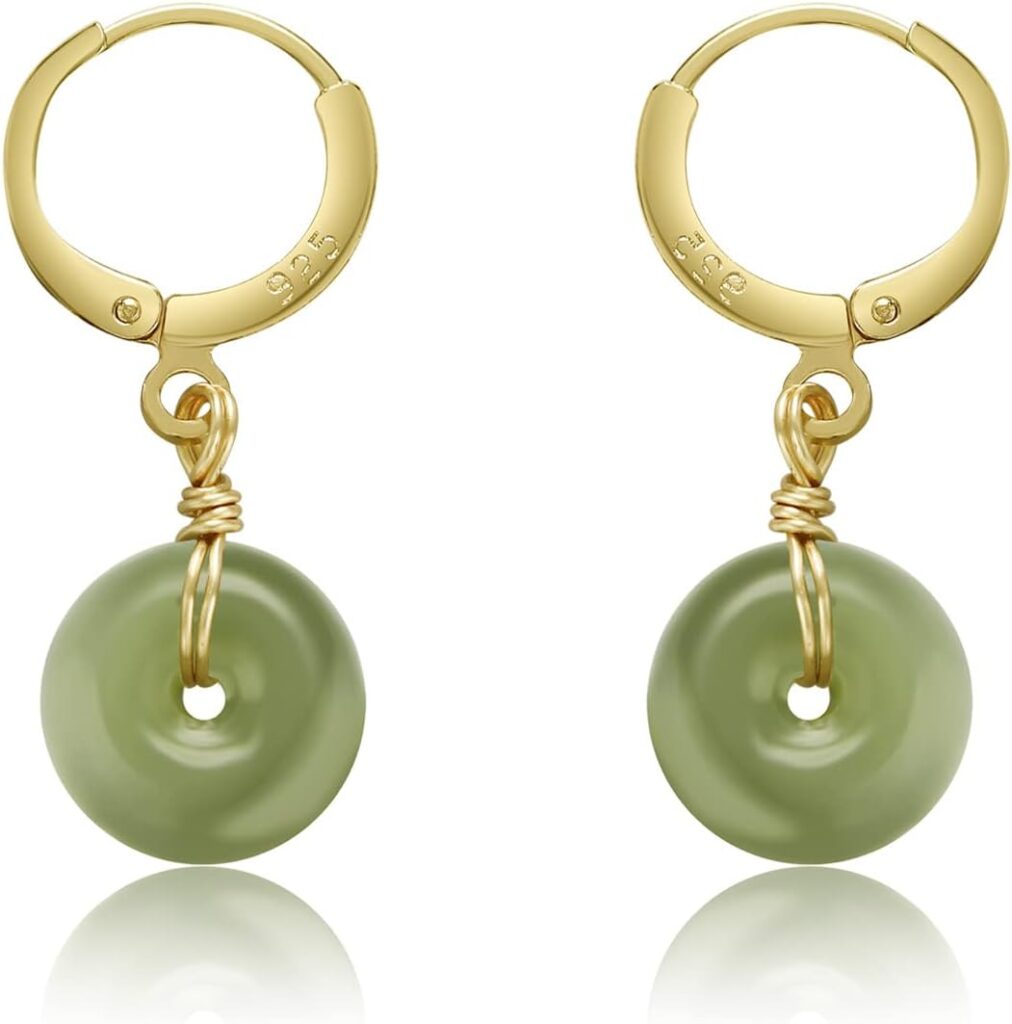Natural Jade Earrings Hetian Jade Vintage Donut Handmade Earrings for Women Dangle Hook Earrings Minimalist Drop Earrings Lucky Jewelry Gift for Mom (925 Sterling Silver with Gold Plated)