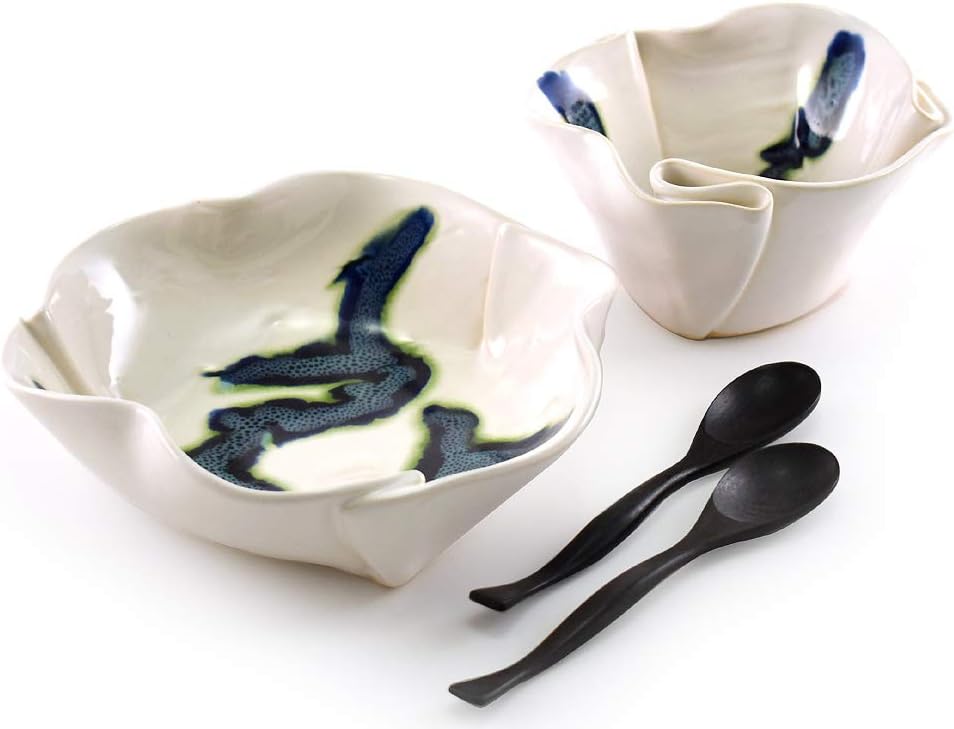 Aurora Collection Salad and Soup Bowl Set in Blue/White, Handmade Pottery
