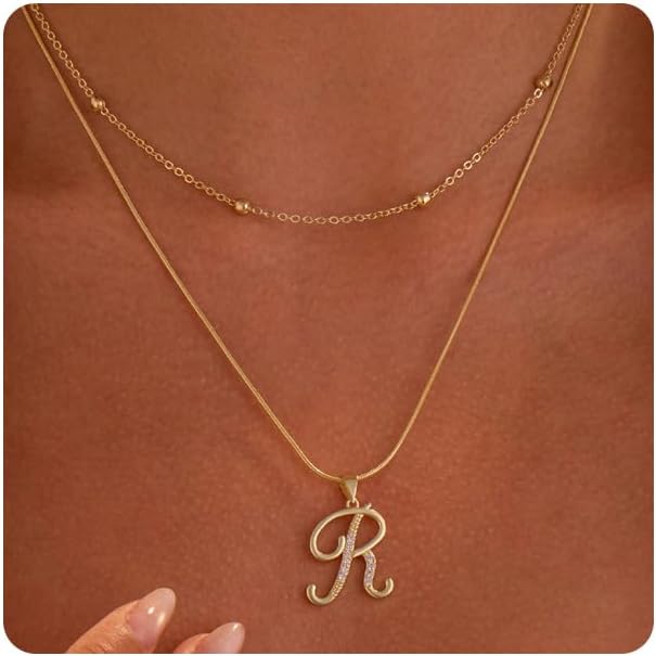 Gold Initial Necklaces for Women 14K Gold Plated Dainty Cute Letter A-Z Layered Trendy Chain Choker Chunky Name Pendant Necklace for Women Jewelry Personalized Gifts