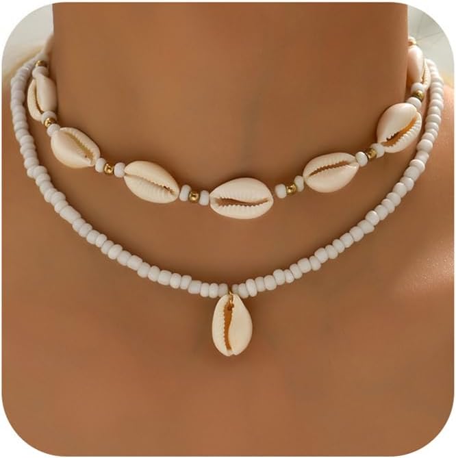 Nackiy Handmade Sea Shell Necklace for Women Summer Adjustable Natural Shell Collar Necklace (Beige Braided Rope)