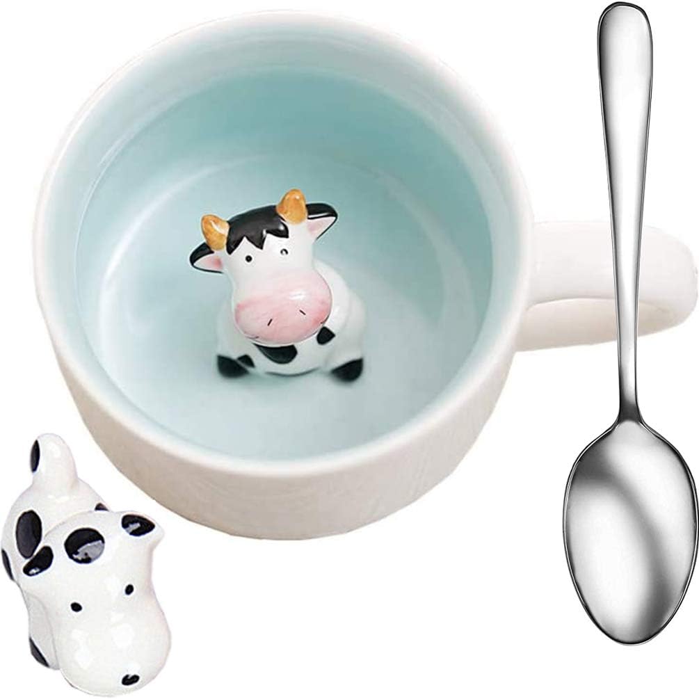 Cow Cute Cartoon Mugs 3 pcs Animal Ceramic Coffee Mugs Water Cups with Crafts Porcelain Small Cow and Spoon Celadon Cup, 350ML