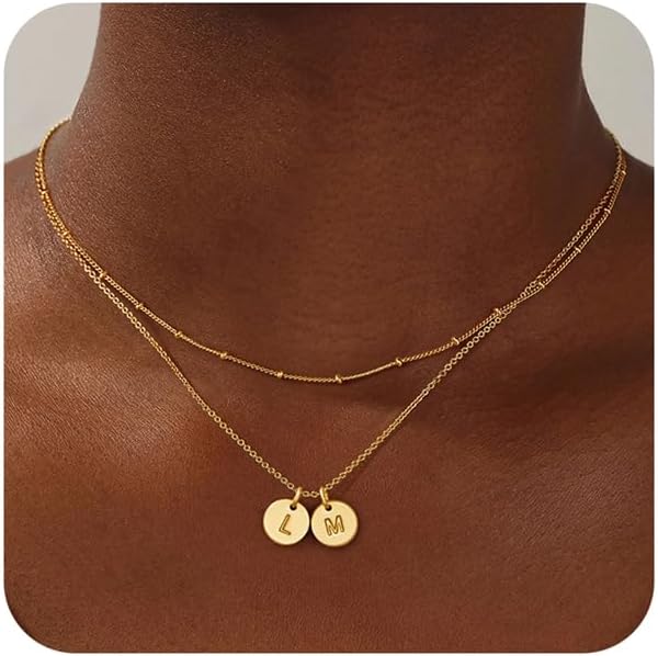 Turandoss Gold Initial Necklaces for Women – Dainty 14K Gold Plated Layered Two Letter A-Z Stack Disc Initial Necklace Trendy, Birthday Personalized Gifts for Women Teen Girls Jewelry