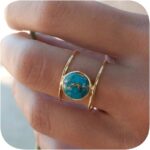 14K Gold Plated Statement Ring for Women Simulated Blue Turquoise Boho Simple Minimalist Jewelry 925 Silver Plated Gem Women’s Ring Bohemian Jewelry Handmade Simple Ring G-7#