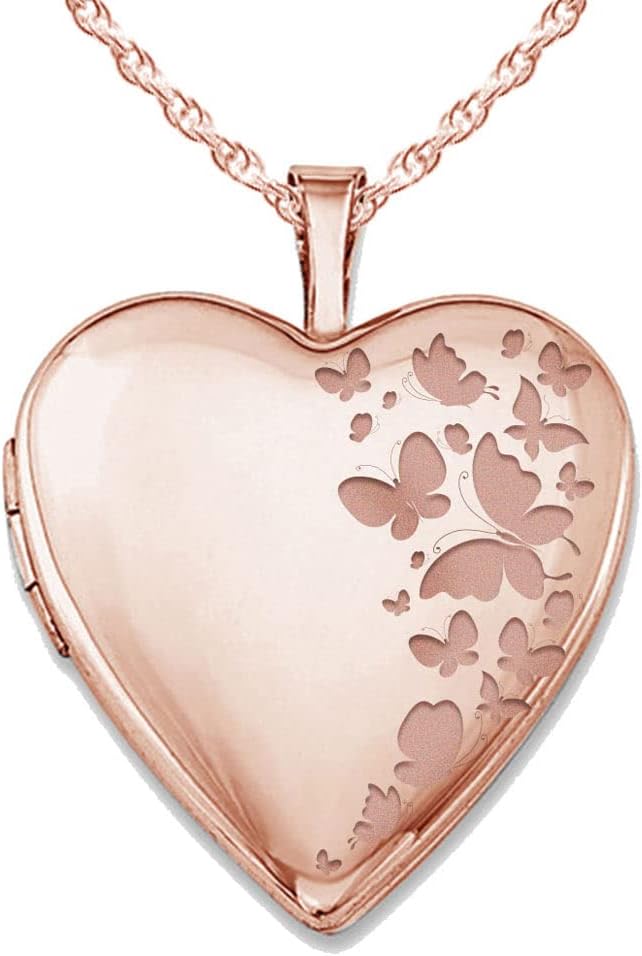 PicturesOnGold.com Personalized Heart Shaped Butterflies Photo Locket Necklace – 3/4 inch x 3/4 inch – Includes 18 inch Chain – Custom Engraved Picture Locket Necklace for Women