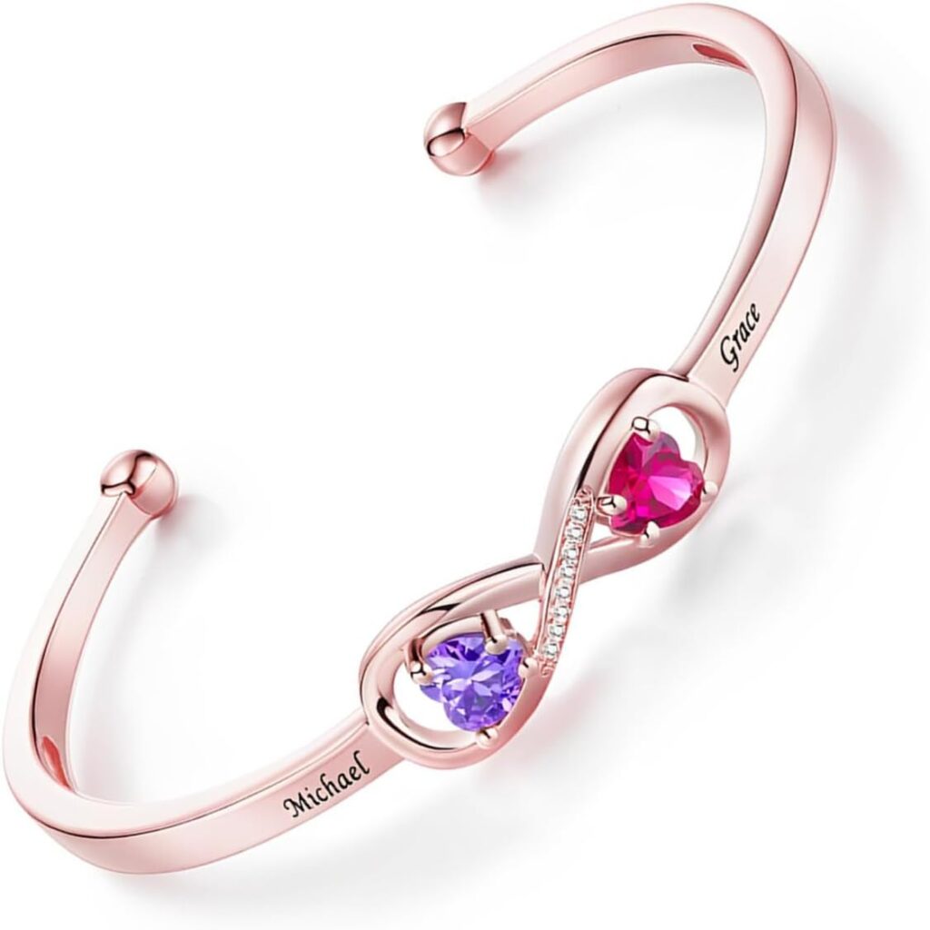 CALLIE Personalized Birthstone Bracelets for Women, Custom Infinity Cuff Bracelet with Name, Christmas Valentine’s Day Birthday Jewelry Gifts for Mother Girlfriend