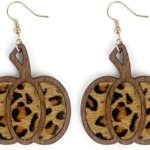 Halloween Pumpkin Wooden Dangle Earrings Handmade Lightweight Leopard Cow Print Leather Dangle Earrings for Women Glitter Thanksgiving Fall Drop Earrings Holiday Jewelry