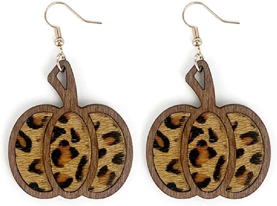 Halloween Pumpkin Wooden Dangle Earrings Handmade Lightweight Leopard Cow Print Leather Dangle Earrings for Women Glitter Thanksgiving Fall Drop Earrings Holiday Jewelry