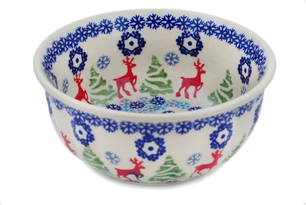Authentic Polish Pottery Bowl 6-inch in Ring Around The Reindeer Design Handmade in Bolesławiec Poland + Certificate of Authenticity