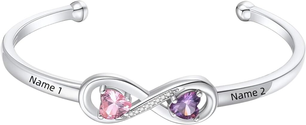 Personalized Infinity Birthstone Bracelet for Women, Custom Name Adjustable Bangle Bracelets for Birthday Mothers Day Christmas Gifts for Mom Wife