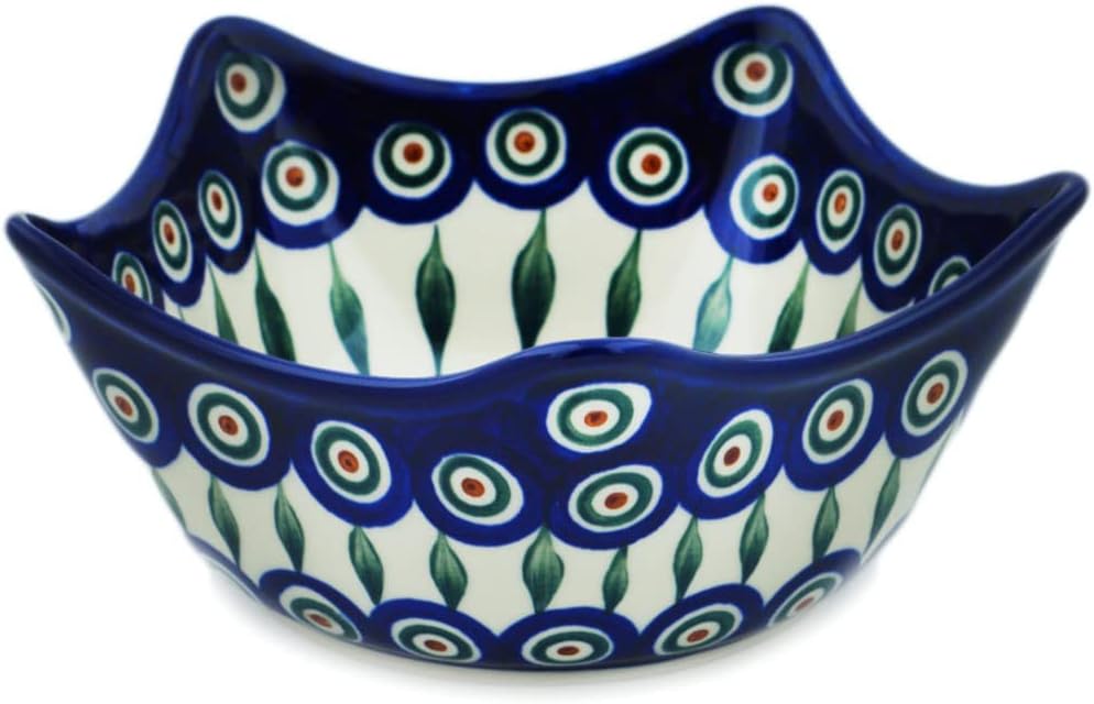 Authentic Polish Pottery Bowl 7-inch in Peacock Leaves Design Handmade in Bolesławiec Poland by Ceramika Artystyczna + Certificate of Authenticity