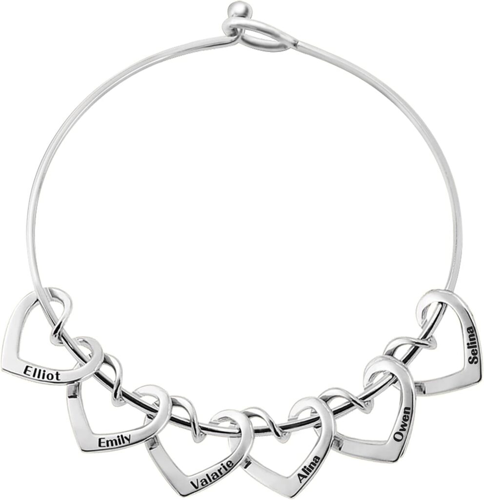 BAUMA AUTO Personalized Bracelets for Women with 2-8 Custom Names Heart Charms Promise Bangle Cuff Bracelets for Women Unique Jewelry for Wife Grandma Mother’s Birthday Anniversary Christmas Gift