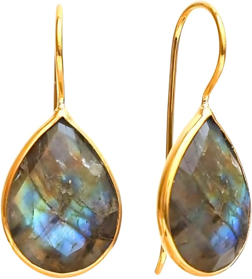 Gempires Pear Shaped Teardrop Crystal Earrings, Bezel Earring, Natural Gemstone Dangle Drop Earrings, Minimal, Everyday Wear, Gift for Her (Length 1.25 inch)