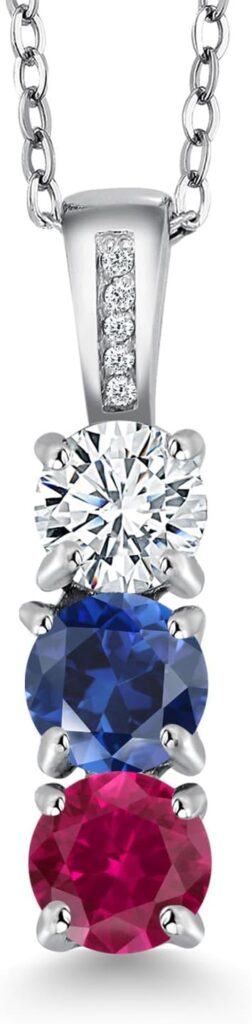 Gem Stone King Customized and Personalized Diamond and 3 Gemstone Birthstone Mother Necklaces In 925 Sterling Silver | 3-Stone Pendant Necklace For Women | Round 5MM | With 18 Inch Silver Chain