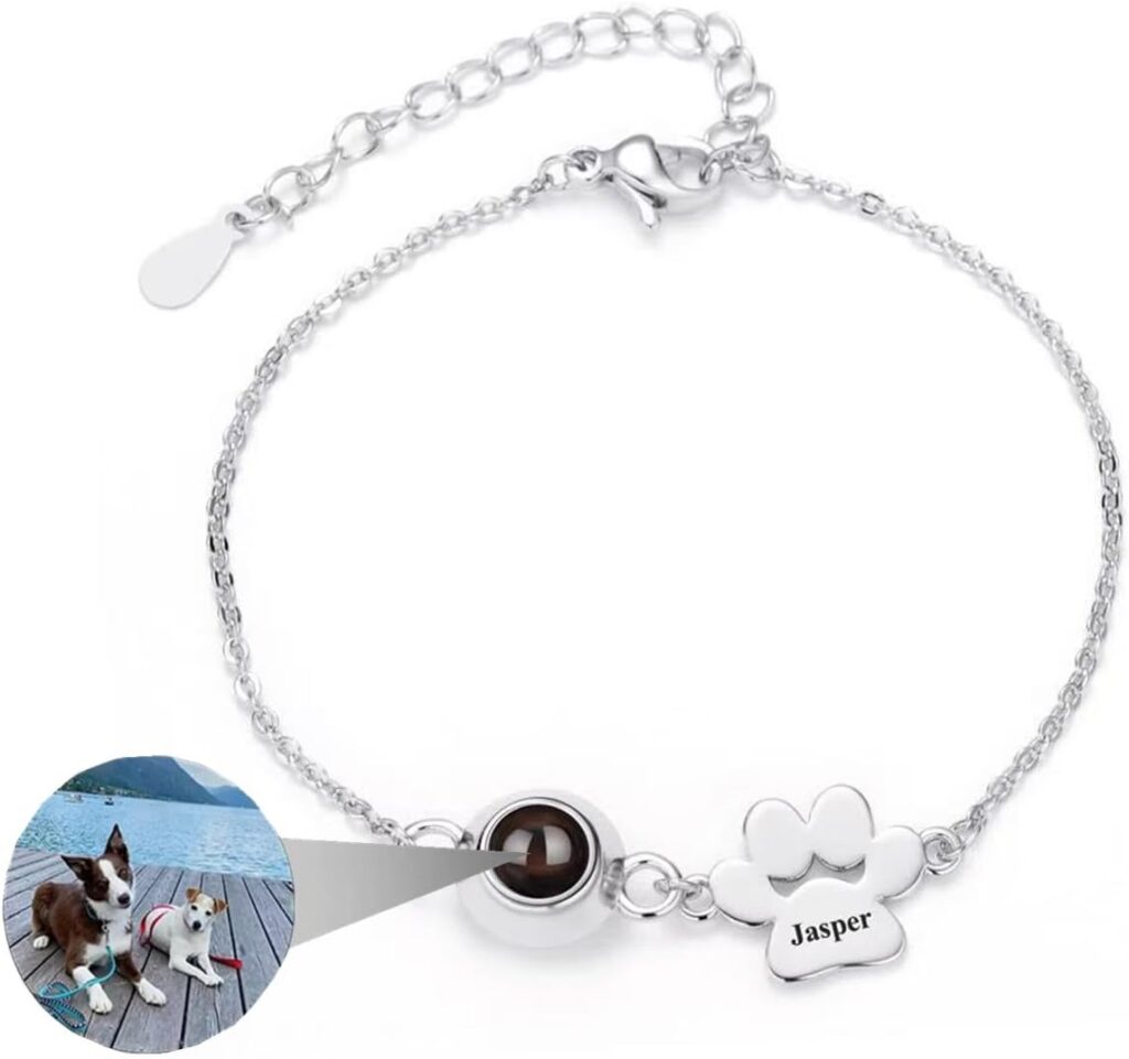 Custom Name Bracelet with Picture inside, Personalized Dog Paw Projection Bracelets with Names, Picture Bracelet Personalized Photo, Pet Dog Cat Memorial Gifts for Women