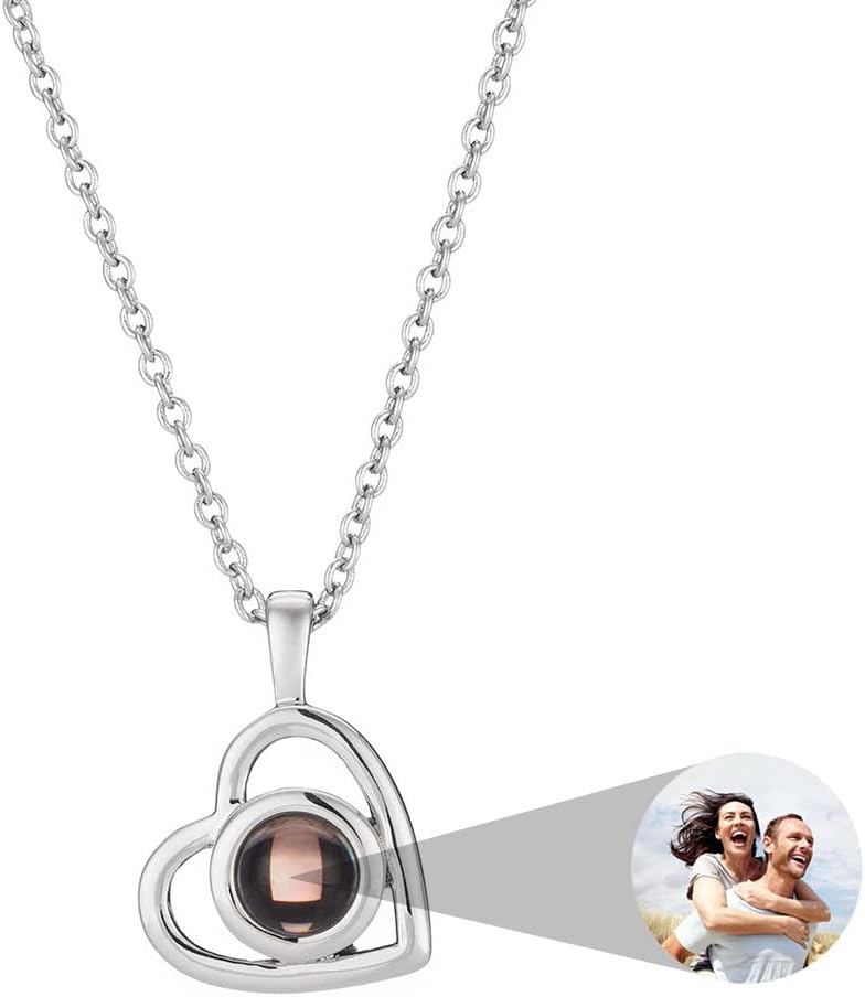 Picture Necklace Personalized for Women – Custom Photo Love Heart Projection Pendant – Customized Portrait Jewelry – Birthday Anniversary Memorial Gifts Wife Mother – Silver