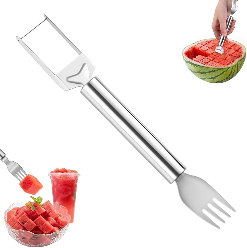2-in-1 Stainless Steel Fruit Cutter, Watermelon Fork Slicer Tool, Watermelon Slicer and Fork, Dual Head Knife with Round Handle for Kitchen Fruit Cubes (1Pcs)