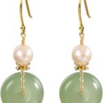 Natural Jade & Freshwater Pearls Earrings Dainty Handmade Earrings for Women Dangle Hook Earrings Drop Earrings Lucky Jewelry Gift for Mom Lover Her (14K Gold Filled)