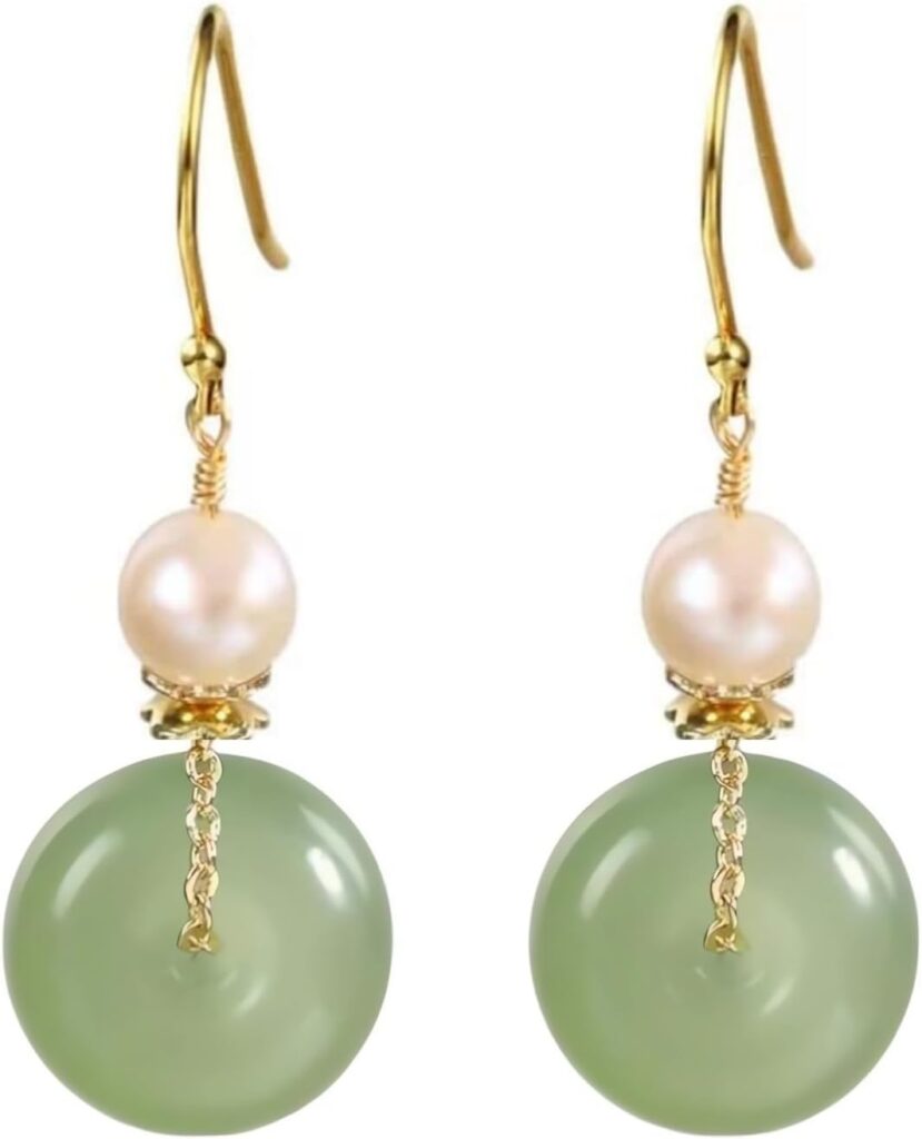 Natural Jade & Freshwater Pearls Earrings Dainty Handmade Earrings for Women Dangle Hook Earrings Drop Earrings Lucky Jewelry Gift for Mom Lover Her (14K Gold Filled)