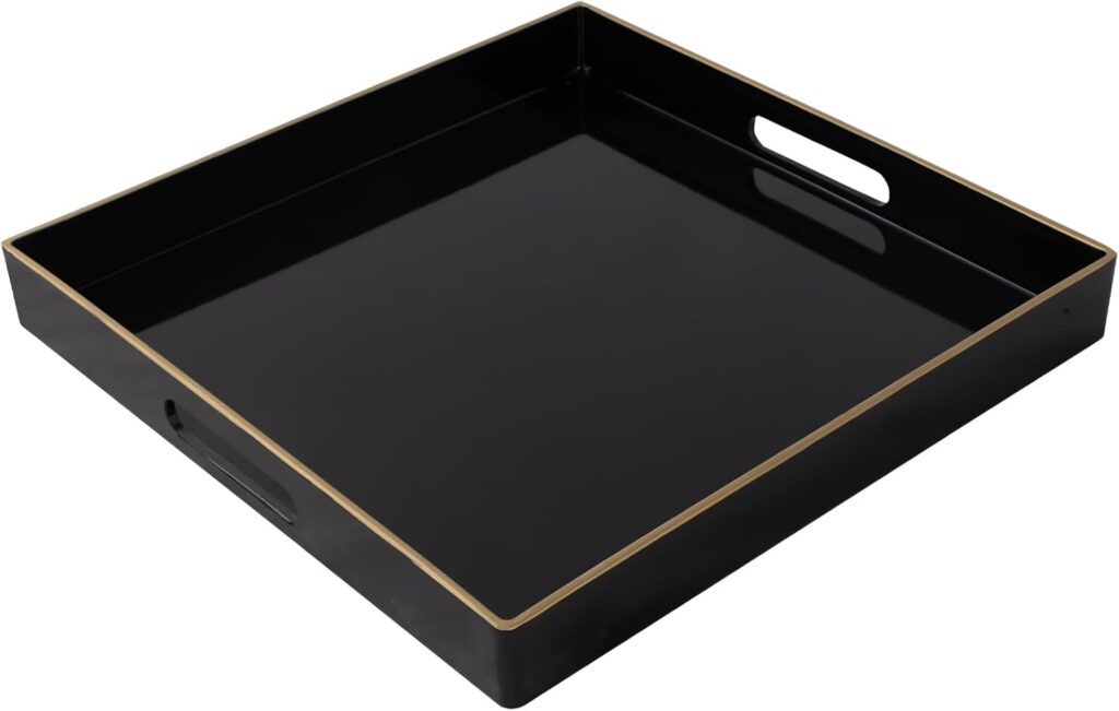 MAONAME Decorative Tray, Black Serving Tray with Handles, Coffee Table Trays, Square Plastic Trays for Ottoman, Bathroom, Kitchen, 13″x13″x1.57″