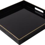 MAONAME Decorative Tray, Black Serving Tray with Handles, Coffee Table Trays, Square Plastic Trays for Ottoman, Bathroom, Kitchen, 13″x13″x1.57″