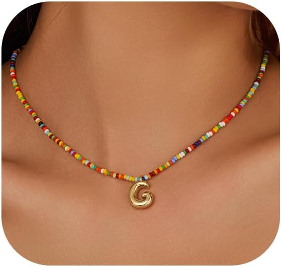 Initial Necklace for Women Cute Colorful Beaded Charm Necklaces Bohemian Colorful Letter Necklaces Personalized Bubble Necklace Trendy Choker for Women Jewelry Gift