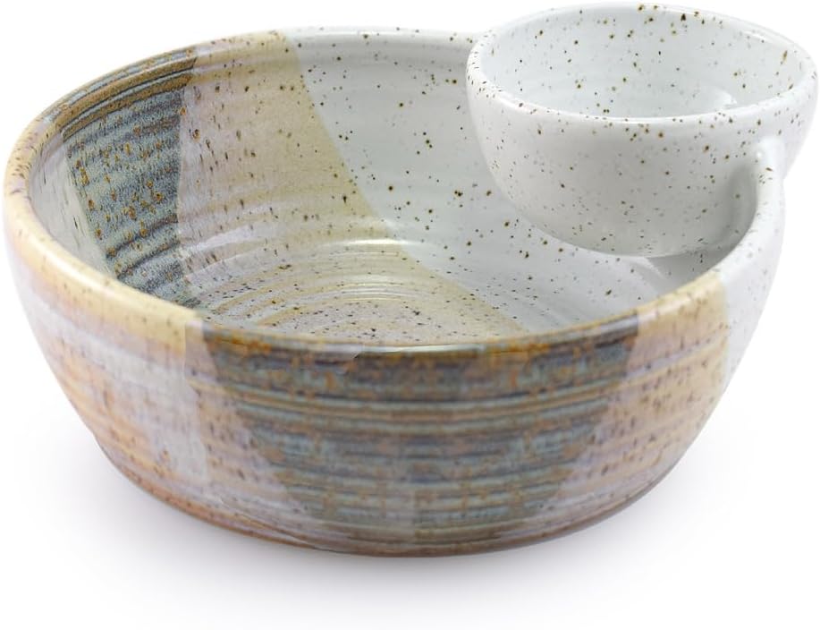 Modern Artisans American Handmade Stoneware Pottery Deep-Dish Chip and Dip Bowl, Cottage Pearl Collection