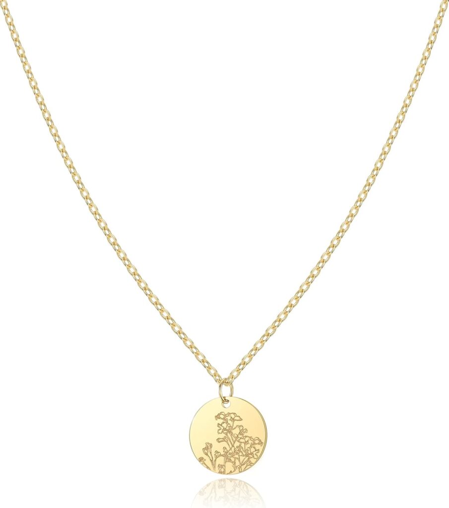 Birth Flower Necklace, 14K Gold Plated Floral Pendant Necklaces for Women, Simple Dainty Birth Month Flower Necklace, Birthday Jewelry for Women – 12 Month