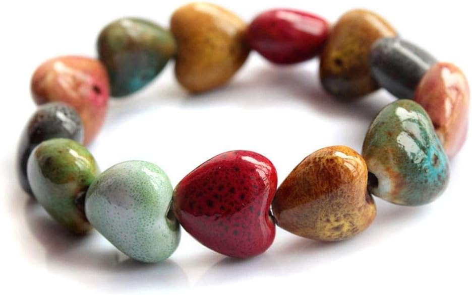 Love Heart Ceramic Bracelet, Flower-Glazed Beaded Bracelet,Elastic Handmade Simple Ethnic Style Hand Chain for Women, Suit for woman over 18 year old-1PCS – Colorful