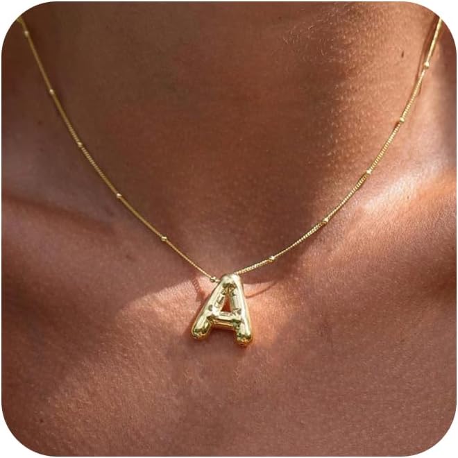 Bubble Letter Necklace for Women, 14k Gold Plated Balloon Initial Necklace Chunky Pendant Necklace Dainty Charm Initial Necklaces for Women Trendy Chunky Custom Name Necklace Jewelry for Womens