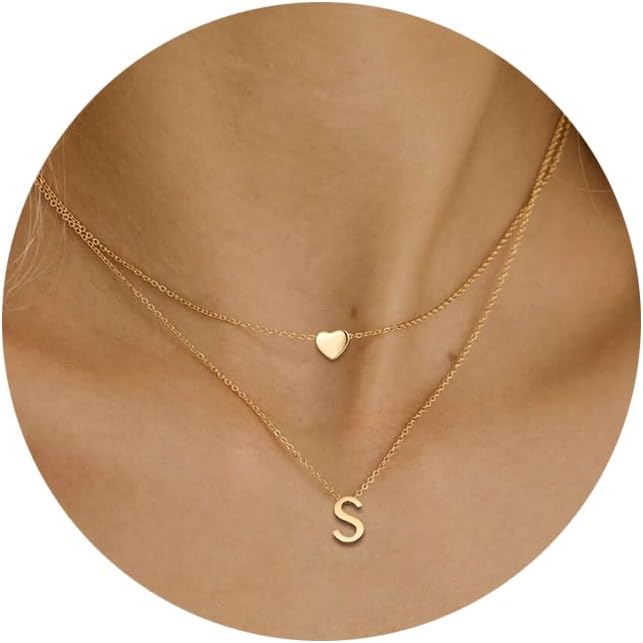 MOMOL 18K Gold Plated Stainless Steel Layered Heart Initial Necklace Personalized Tiny Letter Choker Necklace Monogram Name Necklace for Women