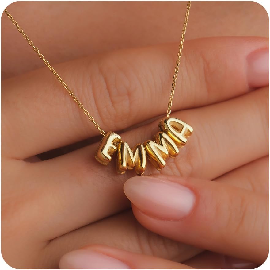 SLOONG Custom Name Beads Necklace for Women, 3D Letter Pendant 18K Gold Plated Dainty Initial Personalized Necklaces Gift for Mom Mother Girlfriend Initial Alphabet A-Z