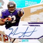 Musa Smith autographed player worn jersey patch football card (Baltimore Ravens) 2003 Upper Deck SPX Rookie #216