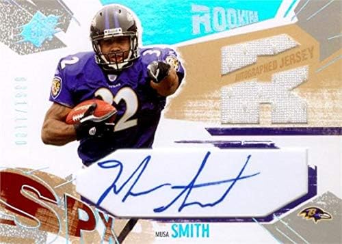 Musa Smith autographed player worn jersey patch football card (Baltimore Ravens) 2003 Upper Deck SPX Rookie #216
