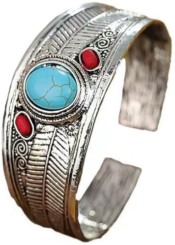 Vintage Turquoise Adjustable Open Cuff Bangle Bracelet for Women, Boho Stretch Slip-On Handmade Jewelry