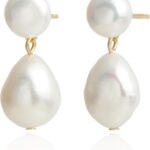 Handmade Freshwater Cultured White Baroque Pearl Dangling Drop Earrings for Women, 14K Gold Plated