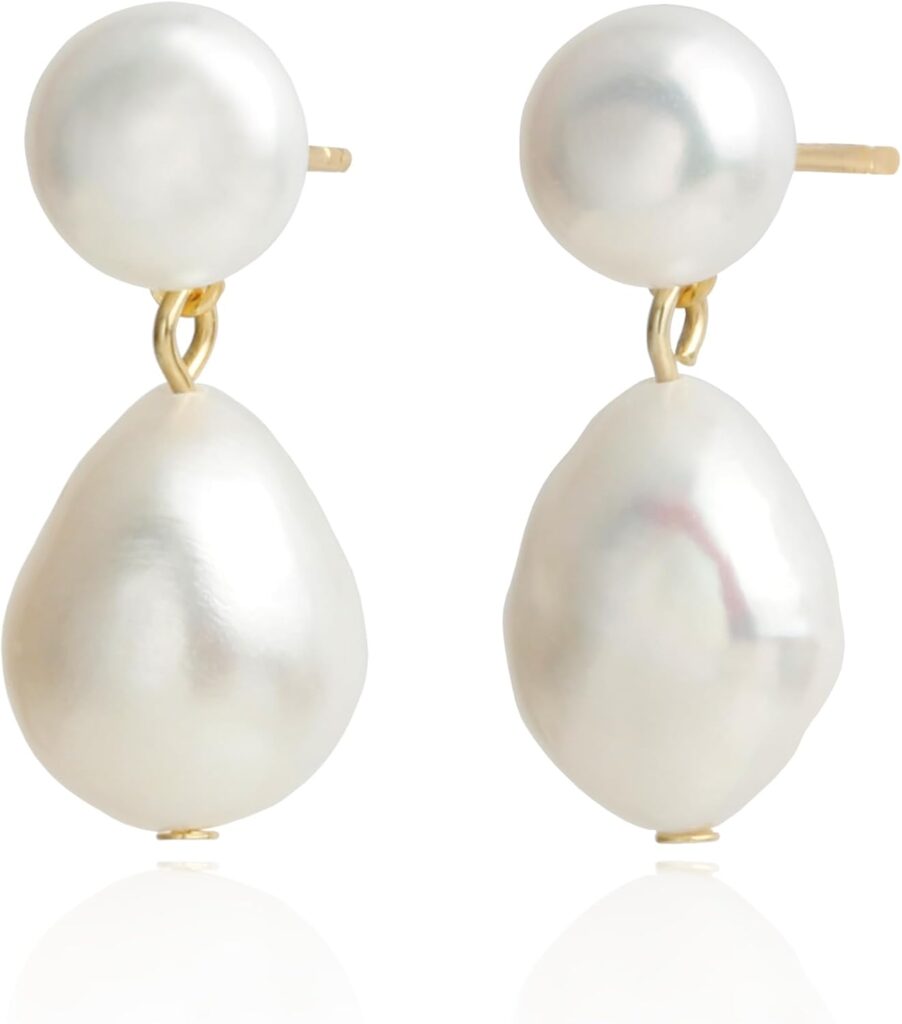 Handmade Freshwater Cultured White Baroque Pearl Dangling Drop Earrings for Women, 14K Gold Plated