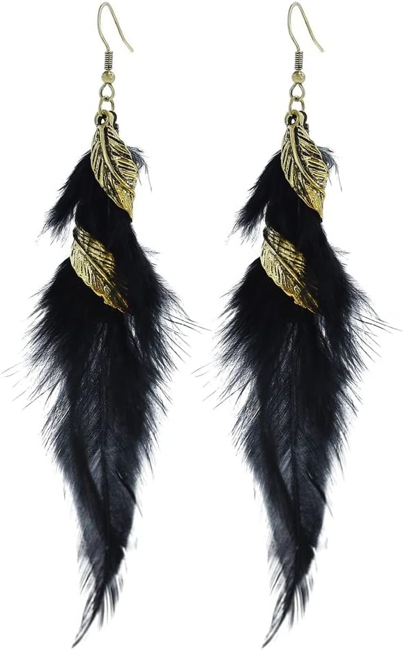 Bohemian Handmade Natural Long Feather Dangle Earrings Vintage Boho Multicolor Tassel Feathers Dangle Drop Earrings for Women